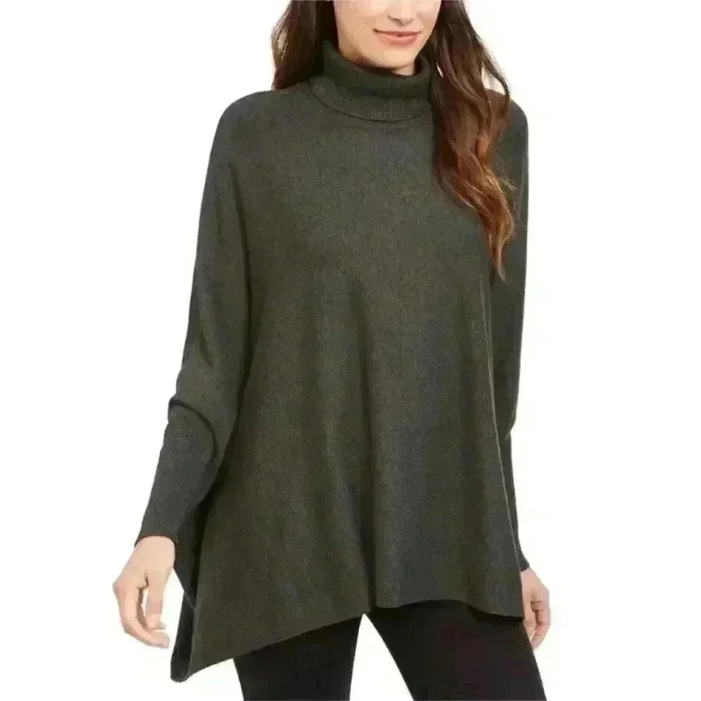 Alfani Women'sā Turtleneck Oversized Poncho Sweater Dark Grey Coal Size M